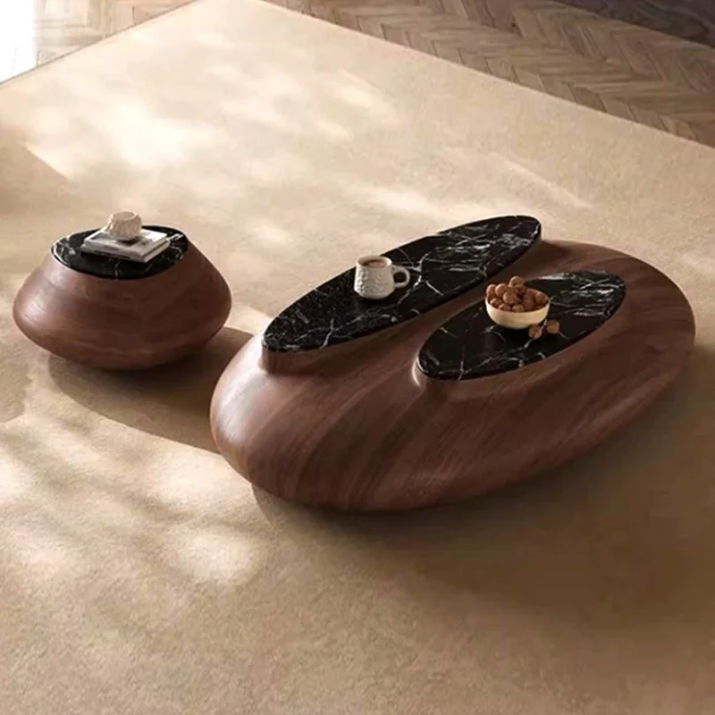 Tables basses gigognes COFFEE Duo en bois massif et marbre noir